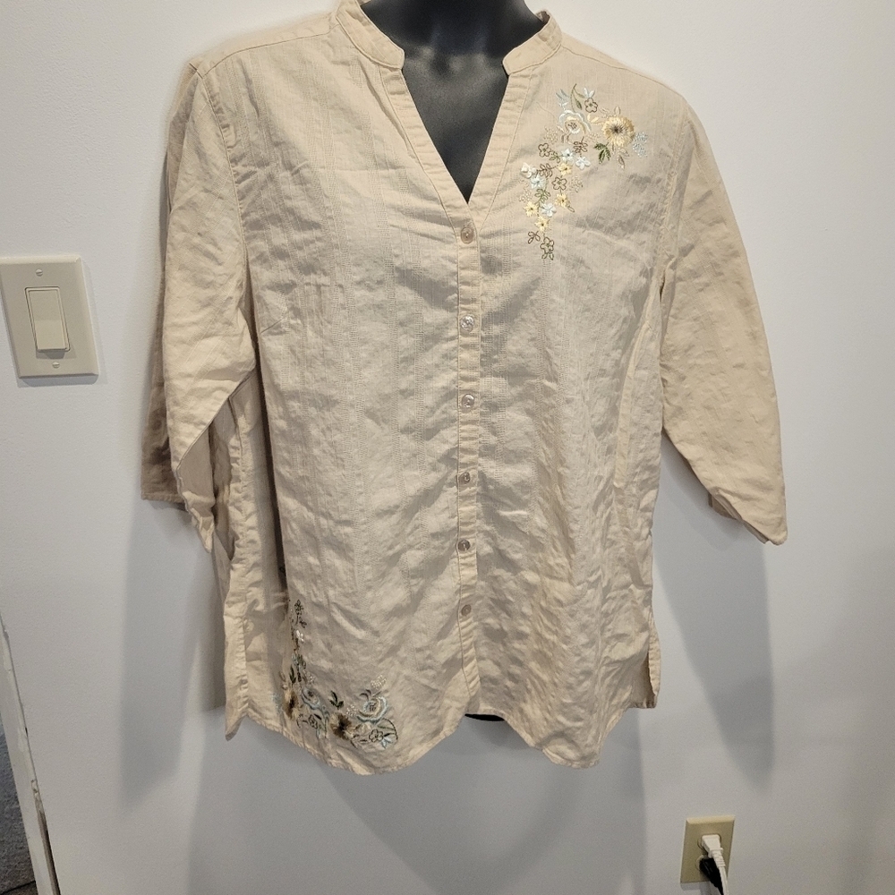 Erika woman size 2x linen blend cottagecore embroidery blouse